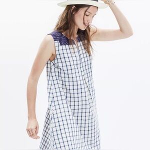 Madewell Check Linen Dress Embroidered Sunray Blue White Size Small